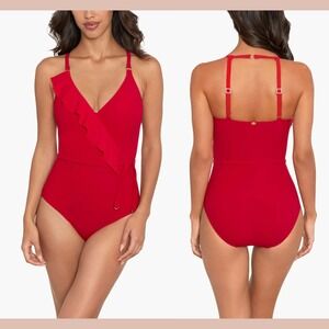 NWT $180 Amoressa [ 10 US ] Ruffle Beau One Piece Swimsuit‎ in Pimento Red U1409